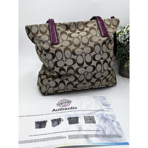 Authenticated F25706 Raspberry Snakeskin Tan Brown Signature Logo Tote Bag - Picture 5 of 16